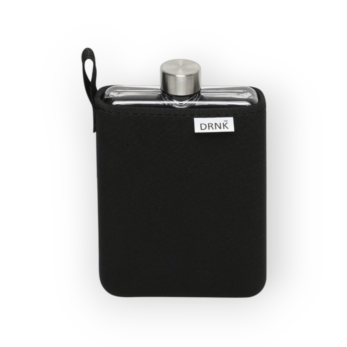 Black DRNK Slim flat Tritan plastic water bottle with black sleeve, back view