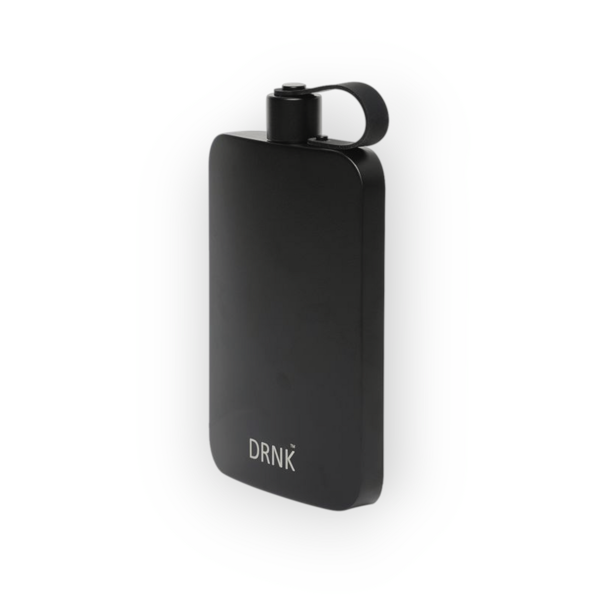 Graphite Black DRNK Slim flat stainless steel water bottle, angled view